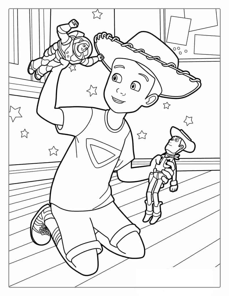 Andy Playing With Buzz And Woody Coloring Page