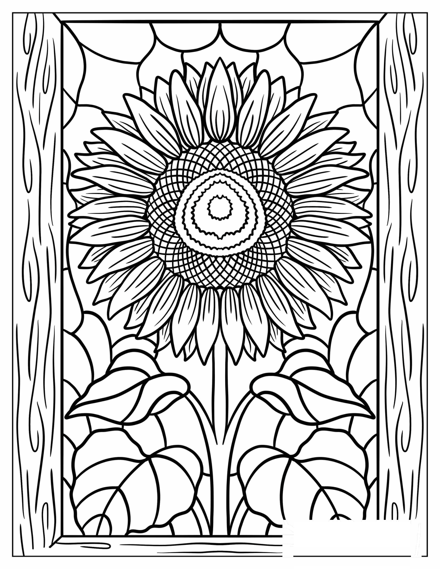 Sunflower in Bloom with Leafy Vines Stained Glass Coloring Sheet