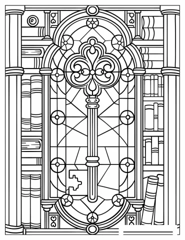 Ornate Skeleton Key Framed by Bookshelves in a Gothic Stained Glass