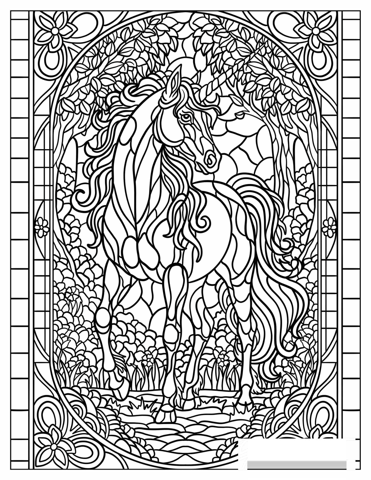 Elegant Unicorn In Detailed Garden Landscape Stained Glass