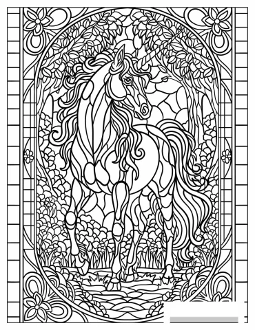 Elegant Unicorn In Detailed Garden Landscape Stained Glass