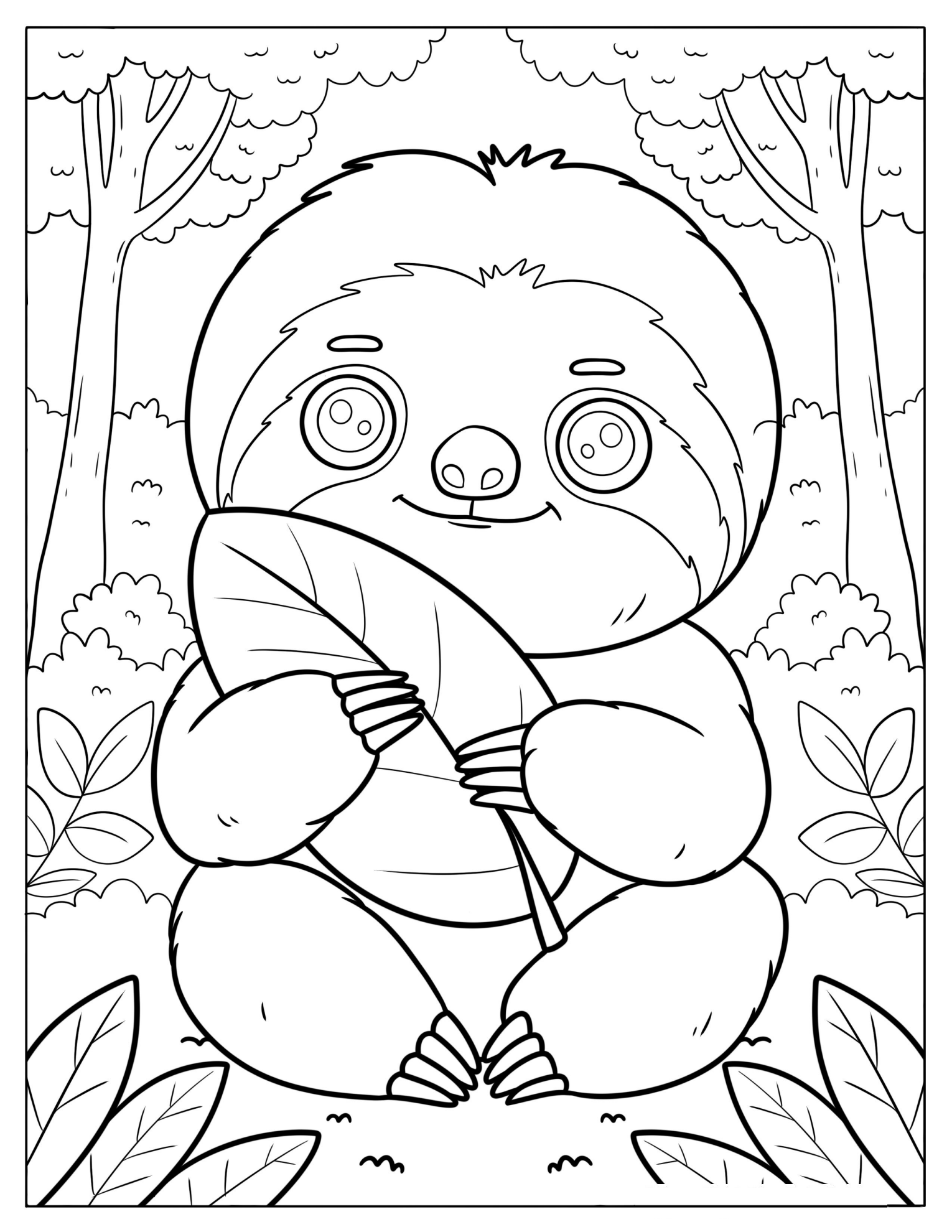 Happy Sloth Holding a Leaf in a Forest Coloring Sheet for Kids