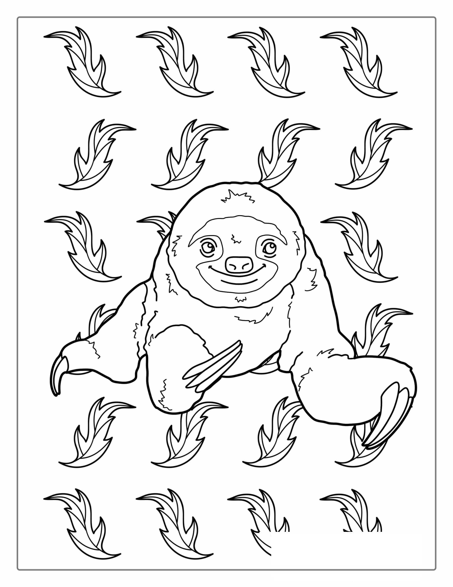 Adorable Sloth With Leaves Coloring
