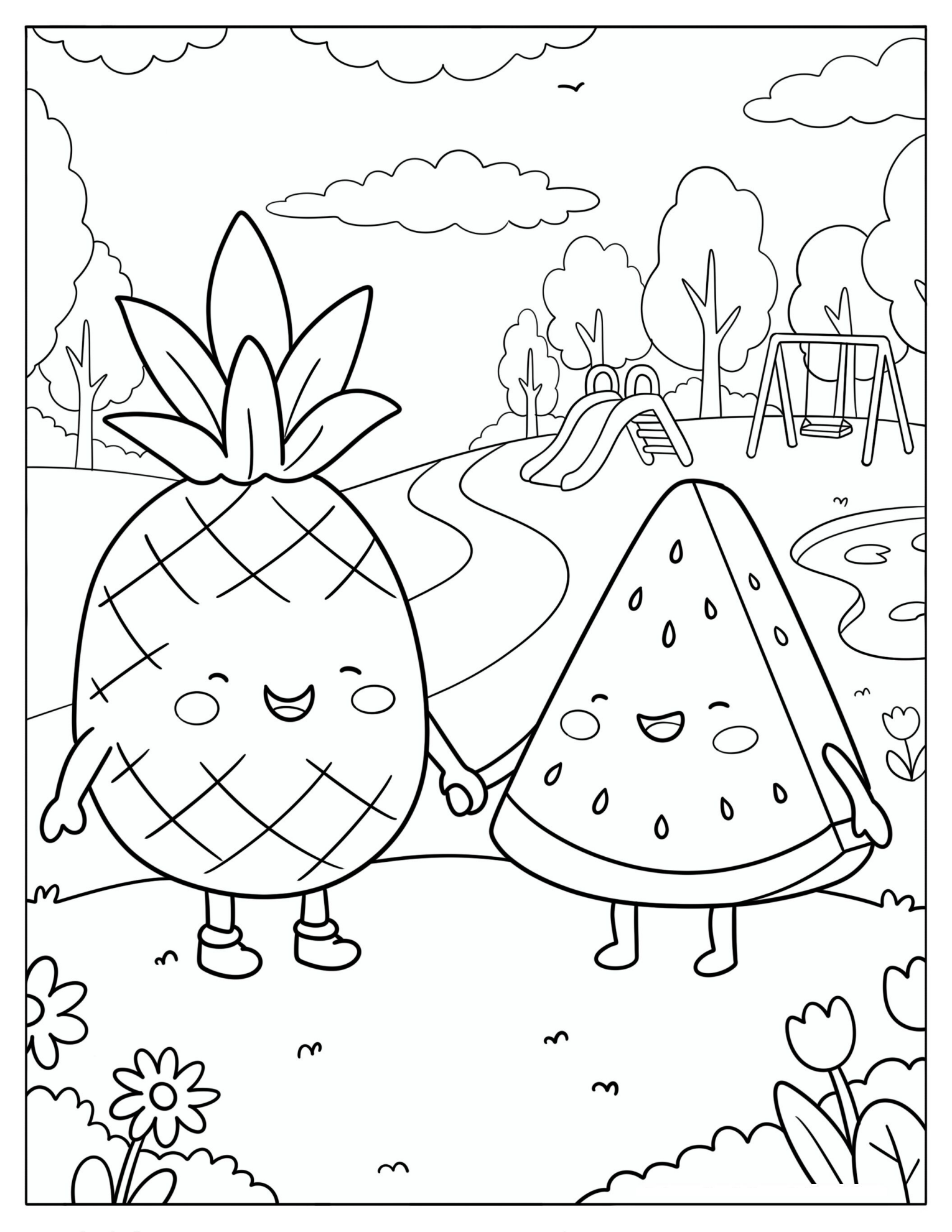 Pineapple and Watermelon Holding Hands in a Park Coloring Sheet