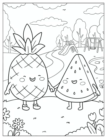 Pineapple and Watermelon Holding Hands in a Park Coloring Sheet