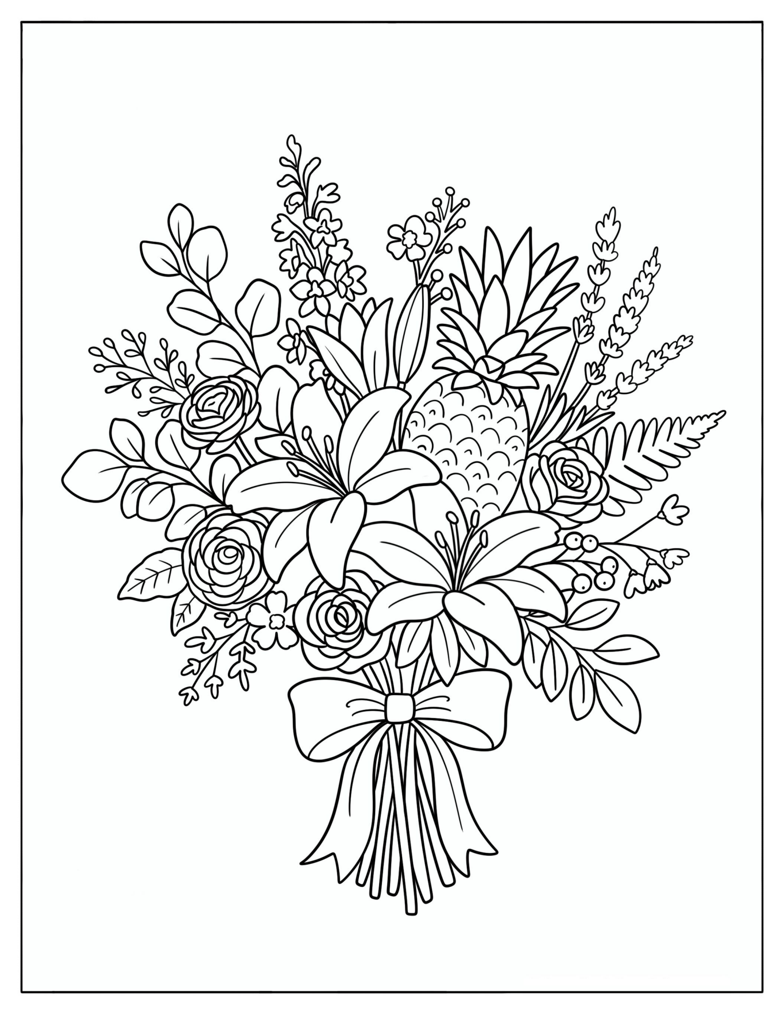 Flower Bouquet with a Bow and Pineapple Coloring Sheet