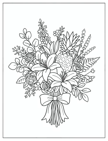 Flower Bouquet with a Bow and Pineapple Coloring Sheet