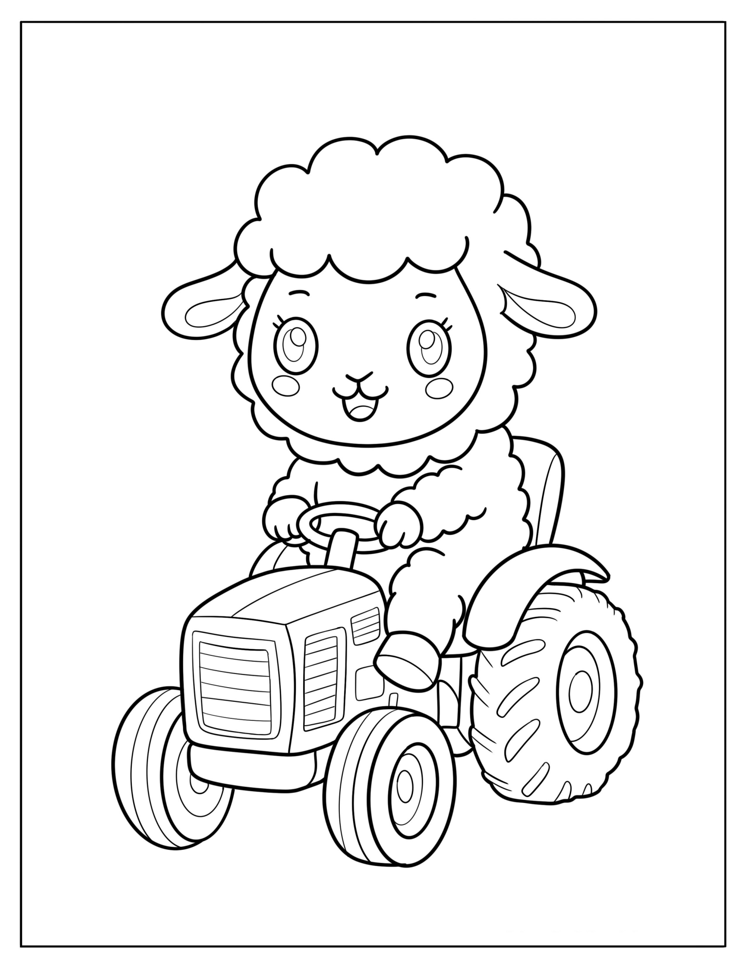 Playful Cartoon Sheep Driving a Farm Tractor Coloring Page for Preschoolers