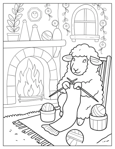 Knitting Sheep Sitting by a Roaring Fire Coloring Sheet for Kids