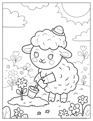 Adorable Sheep with Watering Can in a Garden Coloring Page for Kids