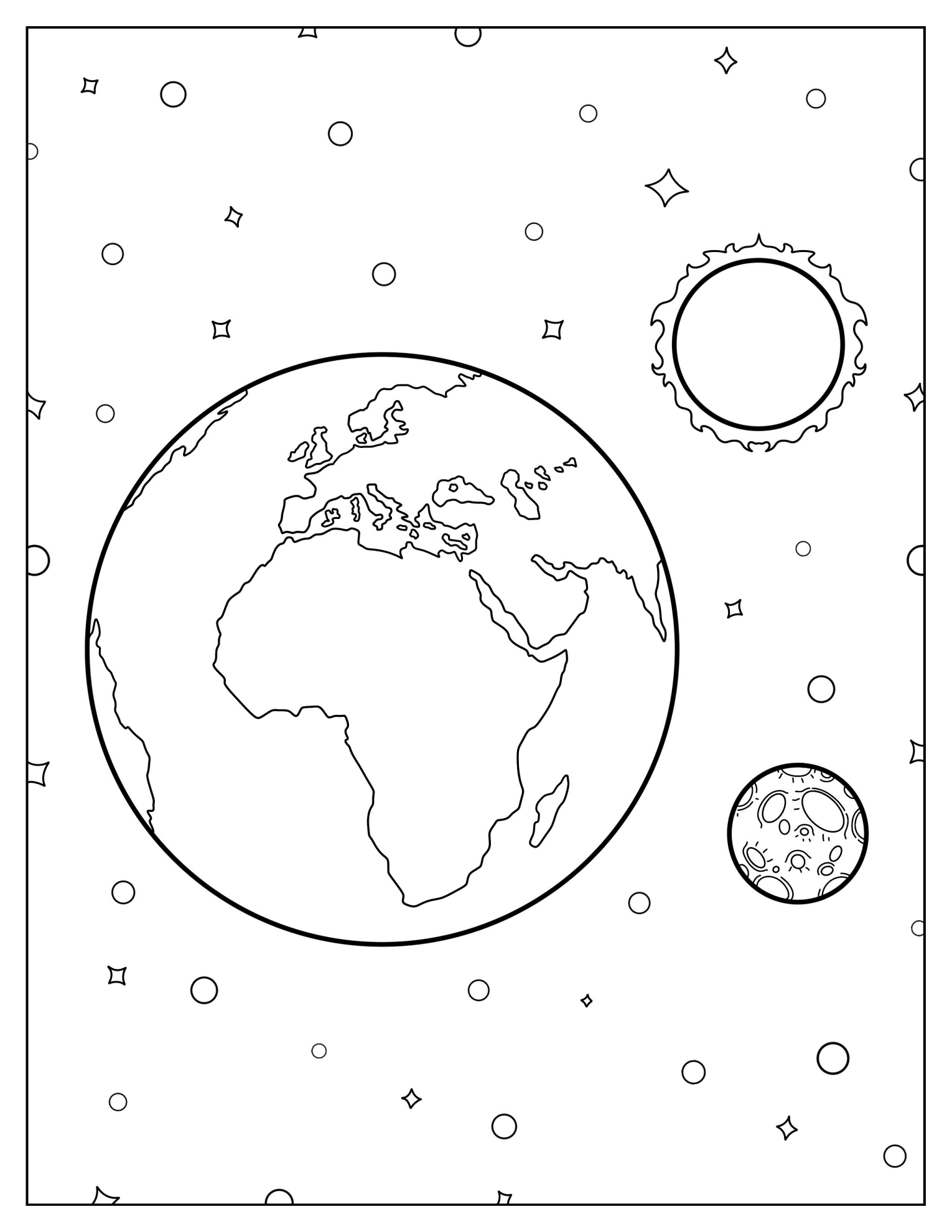 Realistic Earth With Sun And Moon In Outer Space Coloring Sheet