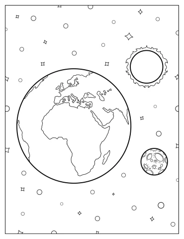 Realistic Earth With Sun And Moon In Outer Space Coloring Sheet