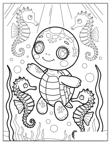 Cartoon Turtle Dancing with Seahorses Coloring Page for Kids