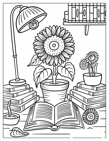Reading Desk With Sunflower Plant, Books, and a Lit Candle