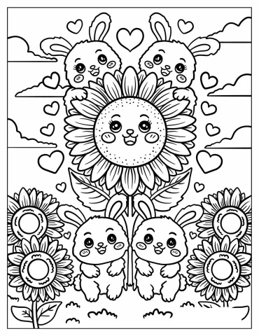 Cute Bunnies With Smiling Sunflower Coloring Page for Kids