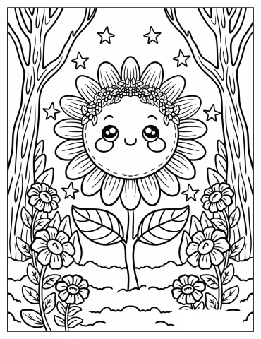 Adorable Sunflower With Blushing Cheeks Beneath Sparkling Stars Coloring Page for Kids